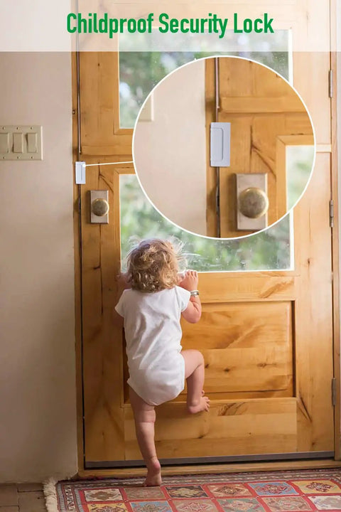 Front Door Security Reinforcement Lock With 800 Lbs Strength Kid Safe Tamper Resistant Inside Flip Lock on wooden door with child nearby