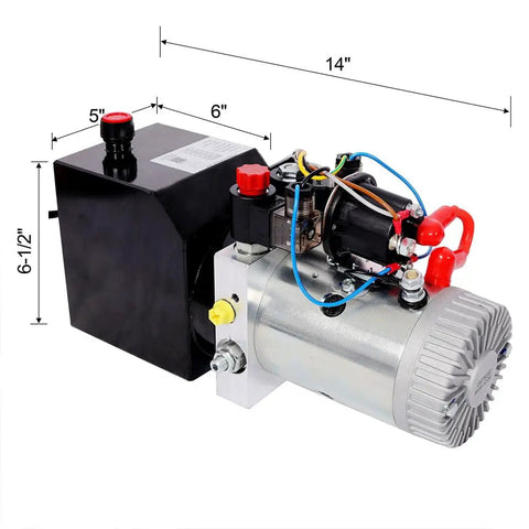 Top Tier Yaton 12V DC Double Acting Hydraulic Power Unit With 3 Quart Steel Reservoir And 3HP Pump, close-up view with dimensions.
