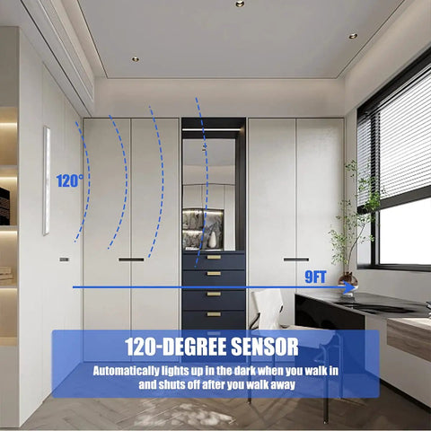 Smart closet setup with 6 Pack LED Motion Sensor Closet Lights With 10 LED Battery Operated Stick On Magnetic Night Light Bar, 120-degree sensor range.