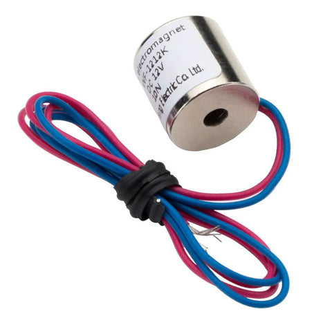 12 Volt Direct Current Electric Lifting Magnet Featuring 10 Newton Holding Force Miniature Solenoid Design with wires for heavy load applications.