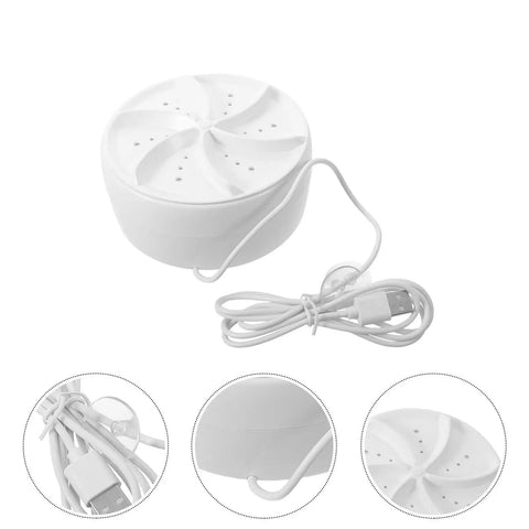 Portable Ultrasonic Washing Machine For Delicates And Underwear A Compact Space Saver For Dorms And Rvs, white design with power cable.