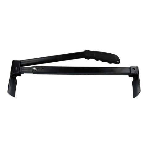 Built Like A Tank Adjustable Brick Lifter Tongs With Auto Closing Jaws, black steel clamps with rubber grip handle for lifting blocks.