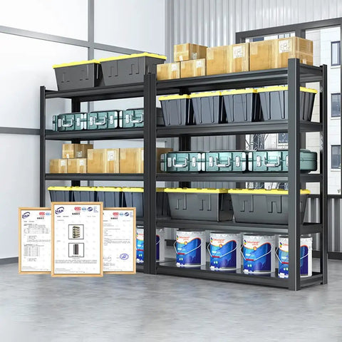 Five Tier Heavy Duty Metal Shelving Rack With Adjustable Layers For Garage And Basement Storage Holds Two Thousand Pounds, showing organized bins and boxes.