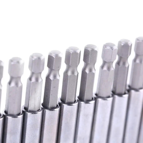 Close-up of magnetic extension socket drill bit holder 1 quarter inch hex shank 10 pack lined up in metal housing.