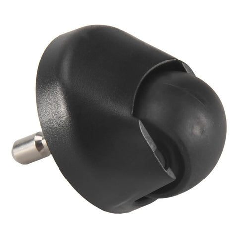 Angled front view of a black universal front wheel with metal mounting stem.