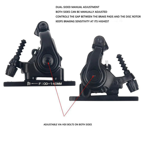 Dual-sided manual adjustment brake calipers in black, controls gap between pads and rotor for Heavy Duty Foldable Motorcycle Front Wheel Lift Scissor Stand With Secure Garage Wheel Chock For No Sweat Tire Jobs And Quick Chain Lube Compact Ride Ready Two Piece Set.