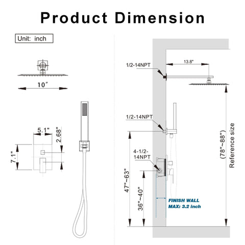 Product dimensions for gold rain shower system installation details