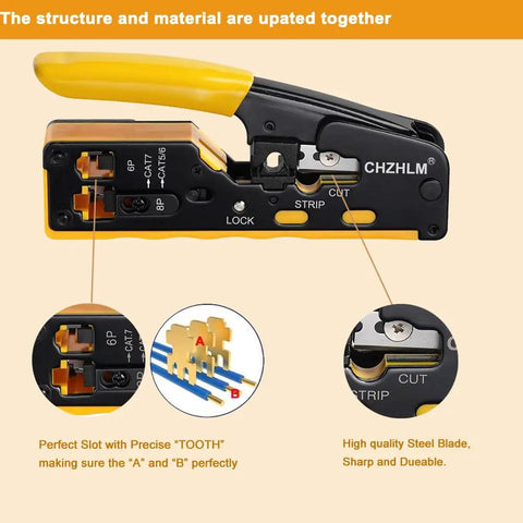 Close-up of DIY Ready RJ45 Crimp Tool Pass Through Kit With 50 Connectors And Cable Tester 6P8P showing structure and material.