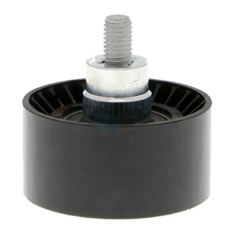 Heavy Duty Left Accessory Drive Belt Idler Pulley For BMW 535i 2011-2016 showing top view with metal shaft and durable plastic body.