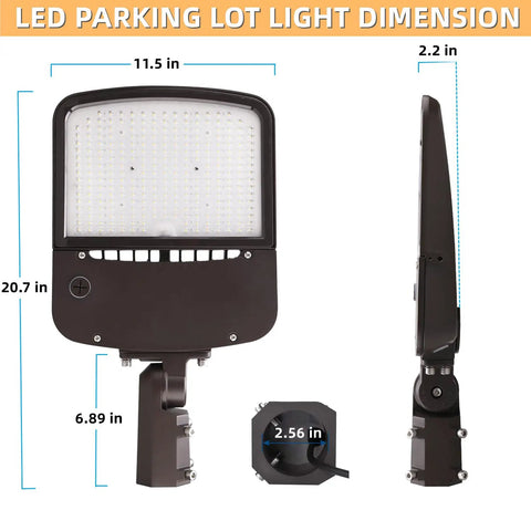 Dimensions of Hella Bright 200W Outdoor LED Parking Lot Light With Slip Fitter, 5000K Daylight, side and front view