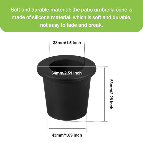 Patio Table Umbrella Hole Wedge Plugs And Stabilizer Sleeve Set For Two To Two And A Half Inch Table Holes And One And A Half Inch Umbrella Poles Cone Ring Stabilizer Black Two Pack showing silicone material and dimensions