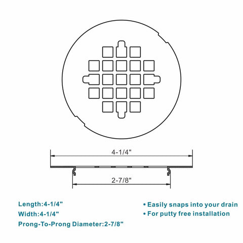 Heavy Duty Brushed Nickel Shower Drain Cover Round 4 1 4 Inch Snap In Stainless Steel Floor Strainer dimension diagram.