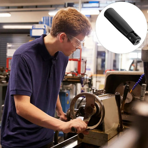 Worker using machine with inset of Foldable Revolving Machine Handle Grip 2 Pack M4 Thread Handwheel Replacement 2.55 by 0.86 by 0.59 Inch for Milling and Grinding Industrial Tools Ergonomic Comfort Durable Stainless Build Space Saving