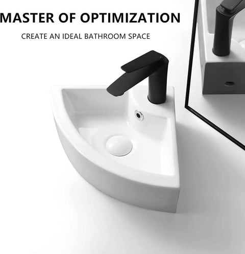 Top view of Space Saver Corner Bathroom Sink 18 By 13 Ceramic Vessel With Wall Mount Pop Up Drain Installation Kit White Modern Compact Design.