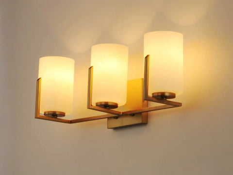 Dart 3 Light Bath Vanity Light Satin Brass Steel Finish Satin White Glass Shade Sleek Modern Indoor Light Fixture For Bathrooms
