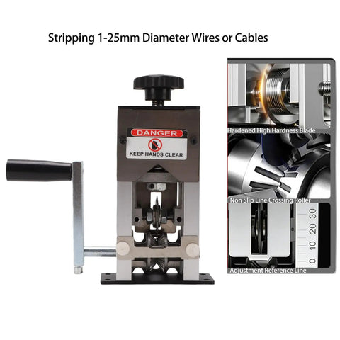 Manual Wire Stripping Machine With Fixed Steel Frame For Manual Electric Drill Powered Cranking Efficiently Strips Copper Aluminum Wires From 1 To 25mm Diameter Including Replacement Blades For Pro Results close-up view showing handle and blade feature.