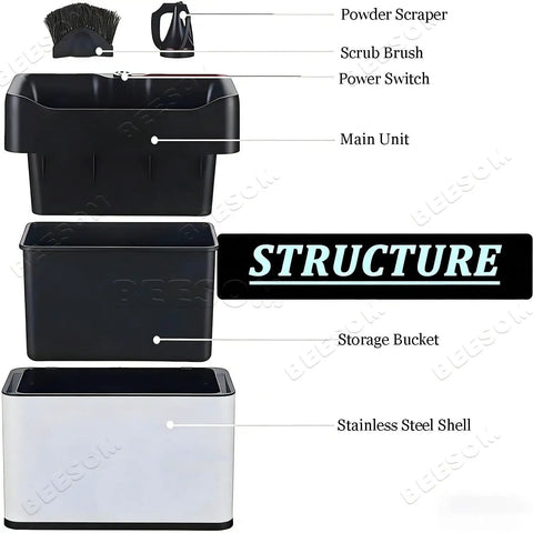 Hustle Free Automatic Puck Shooter Knock Box structure showing black main unit, storage bucket, and stainless steel components.