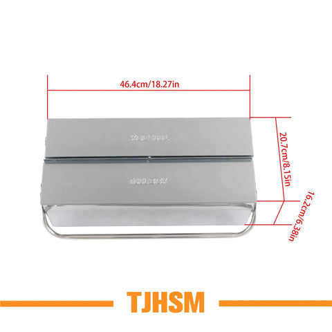 Tough As Nails Two Tier Stainless Steel Toolbox With Three Folding Trays And Rugged Carry Handle 18 Inch, measuring 18.27 by 8.15 by 6.38 inches.