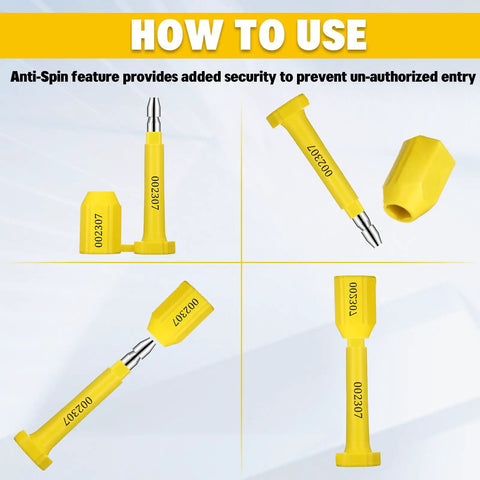 Heavy Duty Bolt Seals Yellow Bulk 100 Pack Built Tough Cargo Container Shipping Tamper Evident Locks showing anti-spin feature.