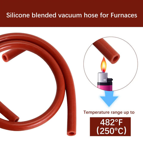High Temperature Silicone Vacuum Tubing Hose Line Three Sixteenth Inch ID By Nineteen Inch Length For Furnace Pressure Switch Hose Five Millimeter ID 130 PSI Max Flexible Durable Replacement Tube For Auto And HVAC showing coiled red tubing with temperature range up to 482°F.