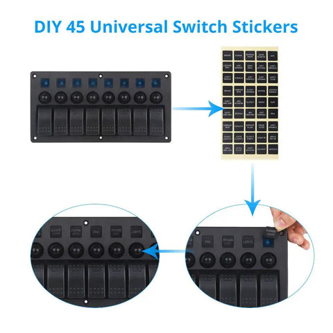 8 Gang Waterproof Toggle Rocker Switch Panel With Blue LED Indicator 12V 24V showing stickers and setup details