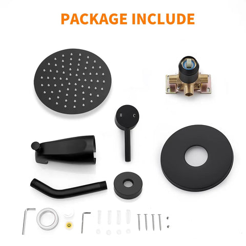 Beefy Matte Black Tub Shower Faucet Kit Featuring Top Shelf High Pressure Rainfall Spray For Dead Simple Bathroom Upgrades And Knockout Smooth Water Flow Straight Up Reliable Plumbing Fix In Any Home components laid out, including rainhead and diverter.