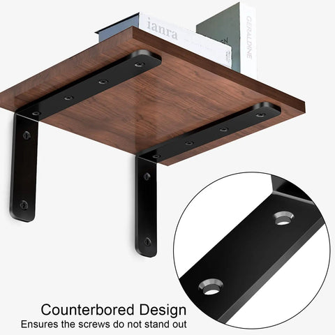 Heavy Duty Stainless Steel L Brackets Five Inch By Three Inch Corner Supports Rust Proof Black Shelf Braces mounted under a shelf.
