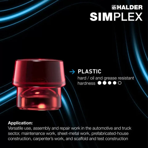 Red hard plastic insert for Soft Face Mallet Workhorse, detailed hardness scale, versatile use applications listed, dark background.