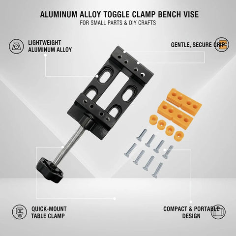 Huge Deal Compact Aluminum Alloy Toggle Clamp Vise For DIY Crafts And Small Parts, showing a lightweight aluminum clamp with accessories.