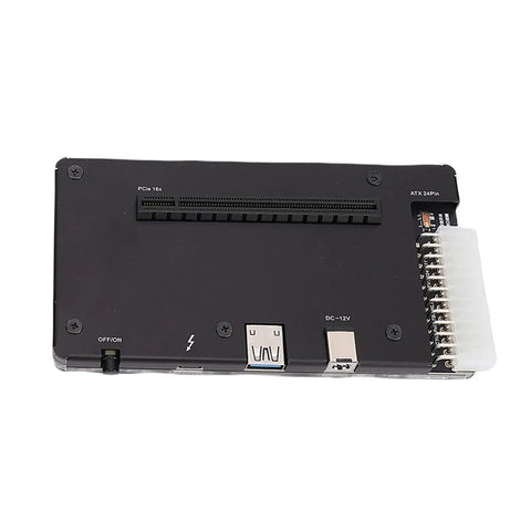 External GPU docking enclosure with PCIe 16x slot and ATX 24Pin interface for Thunderbolt 3 4 or USB4 laptops.
