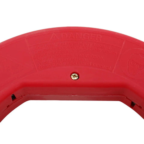 Close-up of red casing with warning label on 250 Ft Electrician Fish Tape Reel With Spring Steel Fishtape 1 Eighth Inch Cable Pulling Line