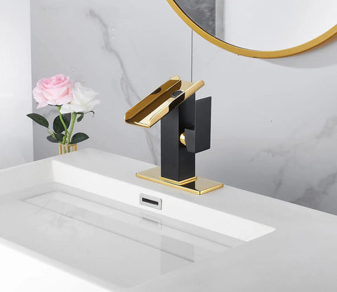 Super Dope Black And Gold Brass Single Handle Rgb Led Waterfall Bathroom Faucet With Color Changing Lights Using Hydropower