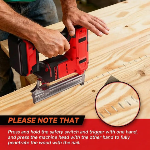 Heavy Duty 2 In 1 Cordless Brad Nailer And Stapler in use on wood, demonstrating nail application technique for upholstery repairs.