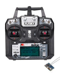 FS-i6X 10CH 2.4GHz RC Transmitter Remote Controller with FS-X6B receiver for drones, planes, and helis front view.