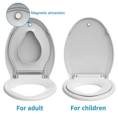 Smooth Closing Elongated Toilet Seat Featuring Built In Toddler Potty Training Insert and Reliable Slow Drop Lid for growing families, showing dual use.