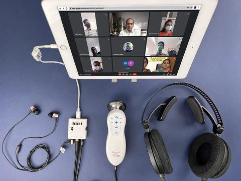 Tablet setup with MAI Mini Mobile Audio Interface With Zero Latency Monitoring And High Fidelity Headphone Output for portable recording.