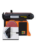 Mini Pneumatic Belt Sander And Grinding Wheel Combo Machine With Variable Speed Control, Cast Iron Base shown with angle sanding head.