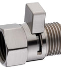 Brass shower valve with lever handle, brushed nickel finish, side view with threaded outlet