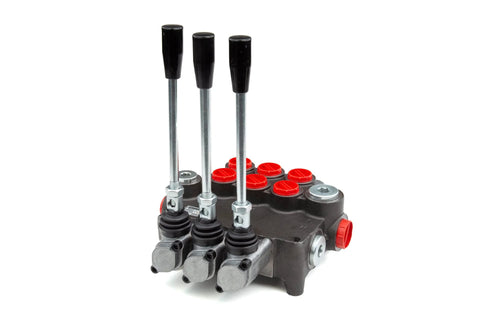 G Series P80 hydraulic valve with 3 spool directional control for double-acting cylinders, featuring SAE 10 and 12 ports.