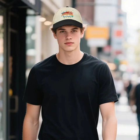 Man wearing RV Pilot Vibes Camper Road Trip Trucker Hat For Adventure Lovers Adjustable Back Buckle Cap in street setting.
