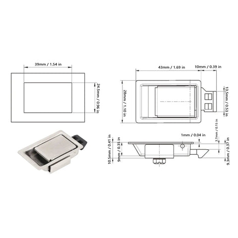 Heavy Duty Commercial Grade Stainless Steel Flush Mount Paddle Handle Lock Pair with dimensions and features displayed.