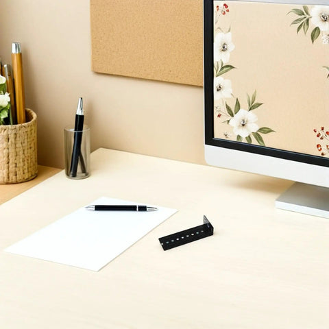Rock Solid Under Desk Keyboard Drawer Slide Bracket featuring legit secure fit, black steel, on a desk with stationery.