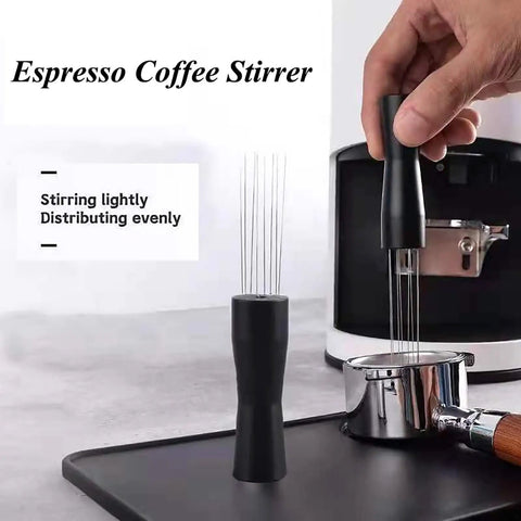 Espresso Distribution Tool Set With Needle Type Distributor for Even Dosing, 304 Stainless Steel, in use on portafilter