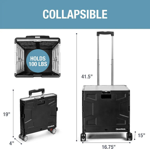 Collapsible Rolling Cart With Handle, 55L Four Wheel Utility Cart for Teachers, Travel, Groceries and Storage, black, with dimensions