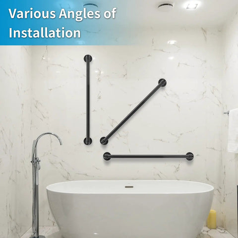 Various installation angles of a sturdy 2 ft wall handrail for indoor stairs, galvanized pipe railing.