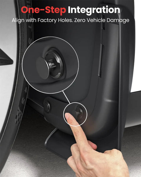 Close-up of Tesla Model Y Juniper Mud Flaps All Weather Splash Guards Set No Drilling Required installation point