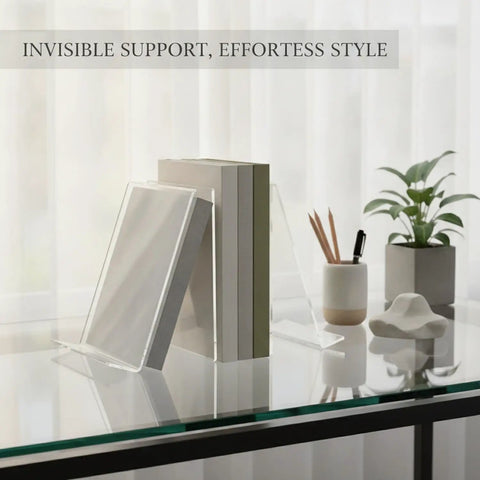 Clear Acrylic L Shaped Bookends For Desk And Shelf Organization on a glass desk with books and plant, minimalist design