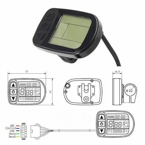 LCD5 Display Meter Intelligent Control Panel For Electric Bikes 24V 36V 48V 52V SM Plug with dimensions and wiring diagram