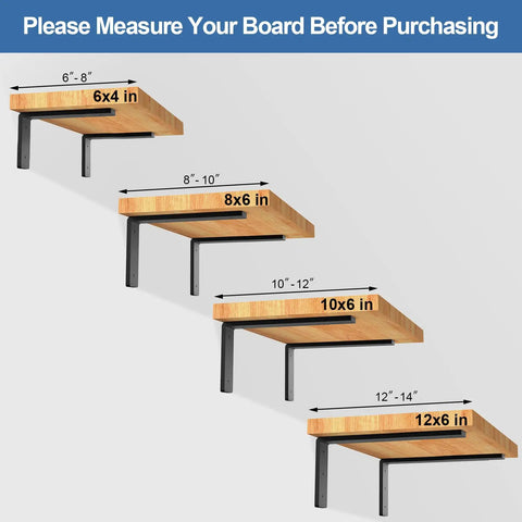 Heavy Duty Shelf Brackets 6 Pack 12 Inch Black L Metal Brackets displayed with various board sizes for DIY shelving.