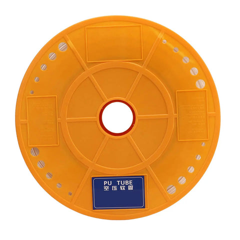 Heavy Duty Transparent Polyurethane Air Hose For Pneumatic Sandersons And Spray Guns Hella Flexible Piping Line With Drop Dead Simple Quick Connect Setup At 200 Meters Long spool, yellow, with center hole and marking.